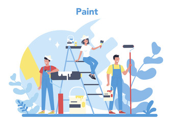 Painter concept. People in the uniform paint the wall with paint roller.