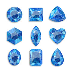 Gems of different shapes. Set of blue crystals. Jewelry.