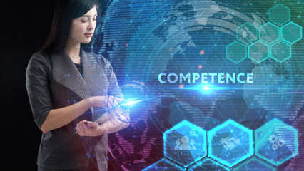 Business, Technology, Internet and network concept. Young businessman working on a virtual screen of the future and sees the inscription: Competence