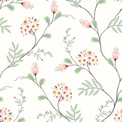 Floral seamless pattern of branches abstract tree with flowers and leaves. Vector nature illustration on ivory background.