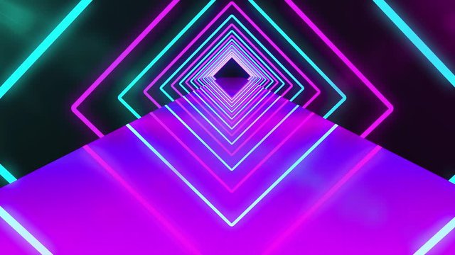 Futuristic neon tunnel with purple lights. Abstract 3d animation of glowing neon bright lines geometric shapes and mirror reflection