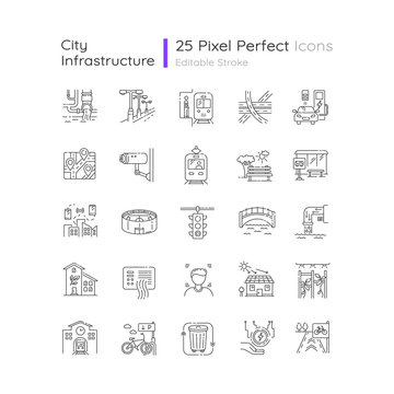 Urban Infrastructure Pixel Perfect Linear Icons Set. Public Service. Passenger Transport. Customizable Thin Line Contour Symbols. Isolated Vector Outline Illustrations. Editable Stroke