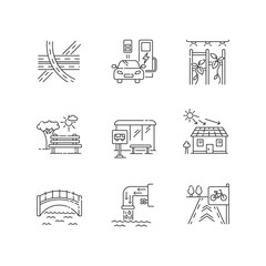 Urban structure pixel perfect linear icons set. Road junction. Charge station for transport. Open space. Customizable thin line contour symbols. Isolated vector outline illustrations. Editable stroke