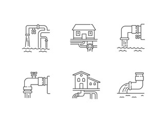 Drainage pipe system pixel perfect linear icons set. Home sanitation service. House utility. Customizable thin line contour symbols. Isolated vector outline illustrations. Editable stroke