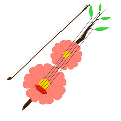 Pink flower violin made of flowers, leaves and brunch with a red bug in the flower with bow isolated on white background in vector. Concepts: music, floral, bloom, spring