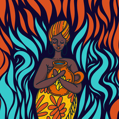 African woman in a bright dress on fire.