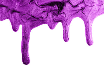 Beautiful stains of liquid nail polish,fluid art technique.Violet liquid make up background.Isolated on white.Copy space for design.Horizontal banner.