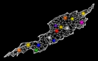 Web mesh vector map of Anguilla Island with glare effect on a black background. Abstract lines, light spots and circle dots form map of Anguilla Island constellation.