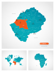 Editable template of map of Lesotho with marks. Lesotho on world map and on Africa map.