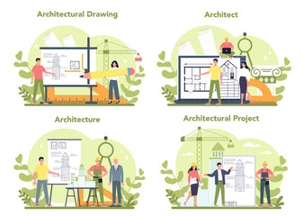 Architecture concept set. Idea of building project and construction
