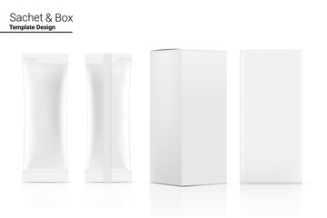 3D Glossy Stick sachet Front and Back with paper box mockup isolated on white background. Vector illustration. Food and beverage Packaging concept design.