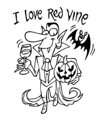 Vampire with glass of blood, pumpkin and bat, I love red wine text, Halloween theme black and white cartoon
