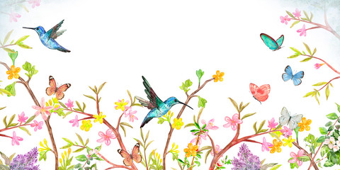 Fototapeta na wymiar banner with stylized spring blooming bushes. border with flying birds and butterflies for your design. watercolor painting