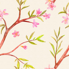 seamless texture with branches of stylized spring tree. pink flowers and leaves. blooming wild almond for your design. watercolor painting