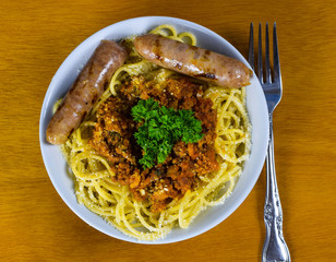 spaghetti  with sausages