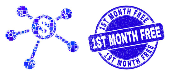 Geometric dollar links mosaic pictogram and 1St Month Free seal stamp. Blue vector rounded distress seal stamp with 1St Month Free message. Abstract collage of dollar links done of sphere, tringle,