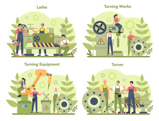 Fototapeta premium Turner or lathe concept set. Factory worker using turning machine
