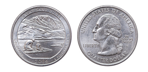 Quarter dollar coin. Great sand dunes of Colorado. 2014 year