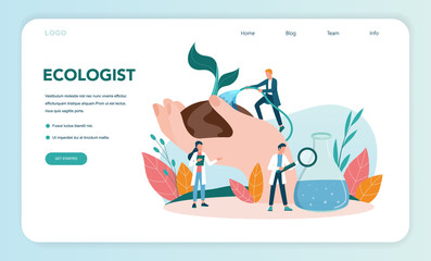 Obraz premium Ecologist web banner or landing page. Scientist taking care of ecology