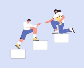 The concept of career ladder and business success, team building or teamwork. Colleagues partners help each other in business. Men and a woman climb the stairs and hold a Cup. Flat vector illustration