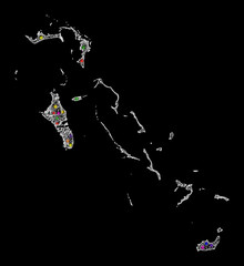 Web mesh vector map of Bahamas Islands with glitter effect on a black background. Abstract lines, light spots and circle dots form map of Bahamas Islands constellation.
