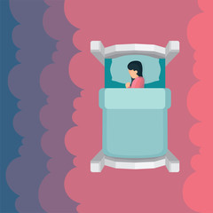 Top view of sleeping woman in bed with clouds on background. Cartoon style female character peacefully resting in her bad. Good night sleep concept metaphor.  Part of set.