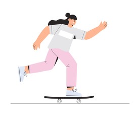Obraz premium Young happy smiling Girl skateboarder rides a skateboard. Vector illustration in a flat style on a white background.