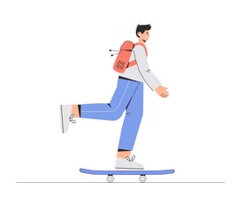 Young happy smiling boy skateboarder is riding on a skateboard and listing music . Vector illustration in flat style on white background.