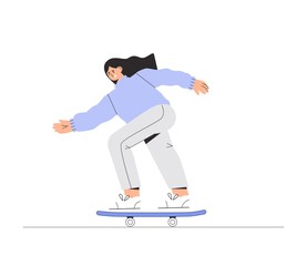 Young happy smiling Girl skateboarder rides a skateboard. Vector illustration in a flat style on a white background.