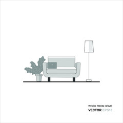 Fototapeta premium work from home set with laptop on the chair for Freelance or studying concept. illustration in flat style.