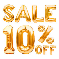 Golden ten percent sale sign made of inflatable balloons isolated on white. Helium balloons, gold...