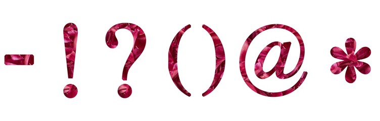 punctuation marks with pattern flowers. in the shape of petals. isolated. design alphabet