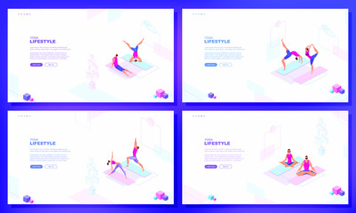 Trendy flat illustration. Set of web page concepts. Yoga Lifestyle. Man and woman doing yoga. Activity. Fitness. Template for your design works. Vector graphics.