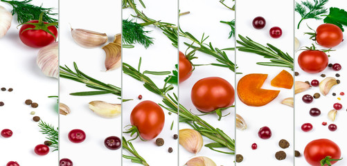 Collage with fresh tomatoes, seasonings and spices isolated on a white background.
