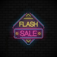 Neon offer template for discount and flash sale on black bricks background. Neon blue and pink and yellow. Vector.