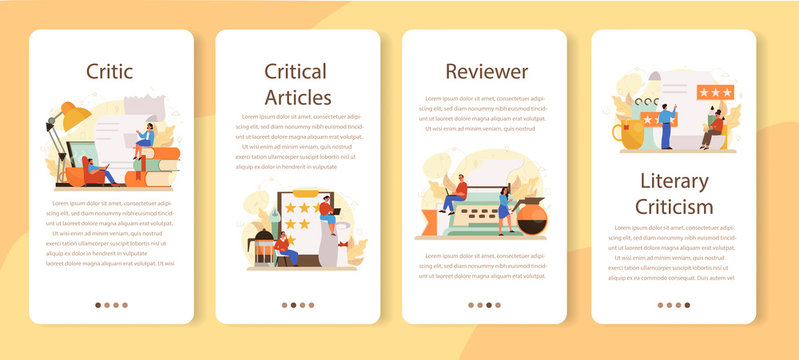Professional critic mobile application banner set. Journalist making