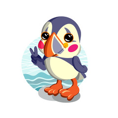 Cute Atlantic puffin (Fratercula arctica) poses for the photographer. Flat vector isolated on white background. Аrctic fauna.  Vector illustration kawaii cute style.