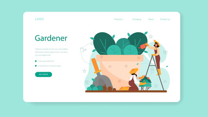 Fototapeta premium Woman watering flower in the pot web banner or landing page.