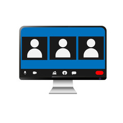Video conference. People group on computer screen taking with colleague. Video conferencing and online communication vector concept. Illustration of communication screen conference, videoconferencing