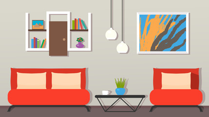 modern living room interior. Furniture, armchair, indoor plants, TV, picture