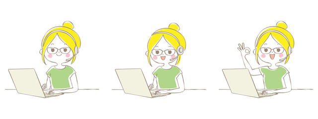 ノートパソコンとヘッドセットでテレワークする若い女性