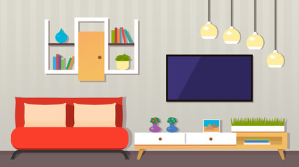 modern living room interior. Furniture, armchair, indoor plants, TV, picture