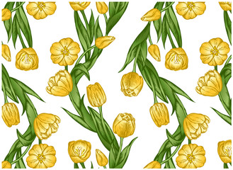 Sketch hand drawn floral pattern with yellow tulip flowers, green leaves isolated on white background. Vintage botanical wallpaper for textile, fabric. Drawing art line plant. Vector illustration.
