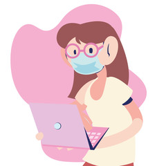 woman with mask working on the computer