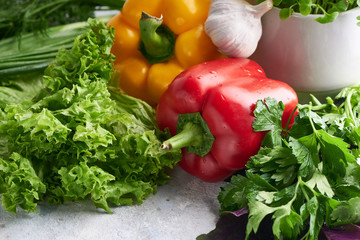 fresh vegetables on the table. Pepper, Basil, Parsley, Dill