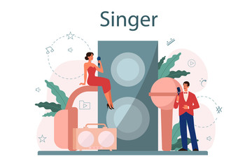 Female and male singer concept. Performer singing with microphone.