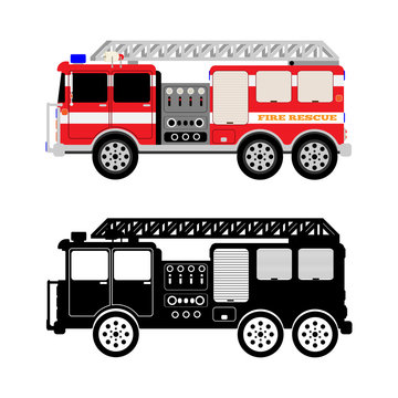 Color flat image and black silhouette of a fire engine. Symbol, icon. Isolated vector illustration.