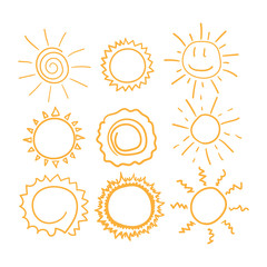 Set of different suns drawn by hand. Doodle, sketch, scribble. Simple vector illustration.