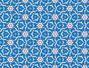 Seamless geometric pattern, texture or background vector in blue, red, white colors.