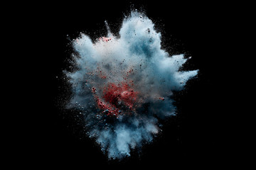 Colorful powder explosion on black background. Cosmetics burst. Powder texture with pieces. Bright cloud. High speed photography